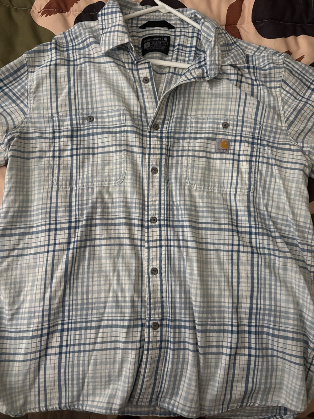 Carhartt Light Blue and White Plaid Short-Sleeve Button-Down